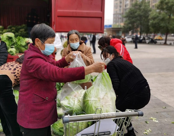 爱心蔬菜送到小区门口，工作人员协助分发。长寿区委宣传部供图 华龙网发