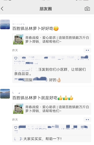 党员干部利用微信朋友圈帮助村民卖萝卜。涪陵区委宣传部供图 华龙网发