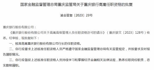  高嵩获批出任重庆银行行长 