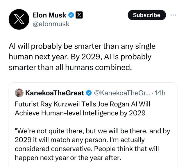 马斯克：到202年底，AI 将超越整个人类的智力水平