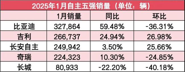 自主5强1月销量：比亚迪下滑，吉利成国内销冠，月销20万成基操