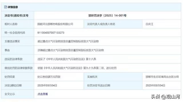 国能河北邯郸热电股份有限公司被罚300000元