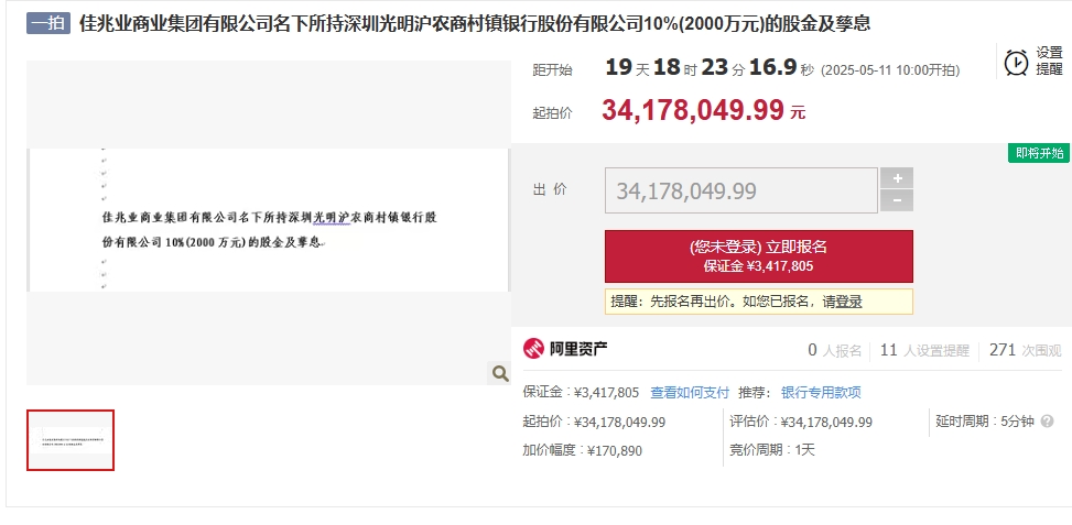 深圳沪光明村镇银行18%股权遭拍卖，第二大股东佳兆业成失信被执行人，执行标的高达9.62亿元
